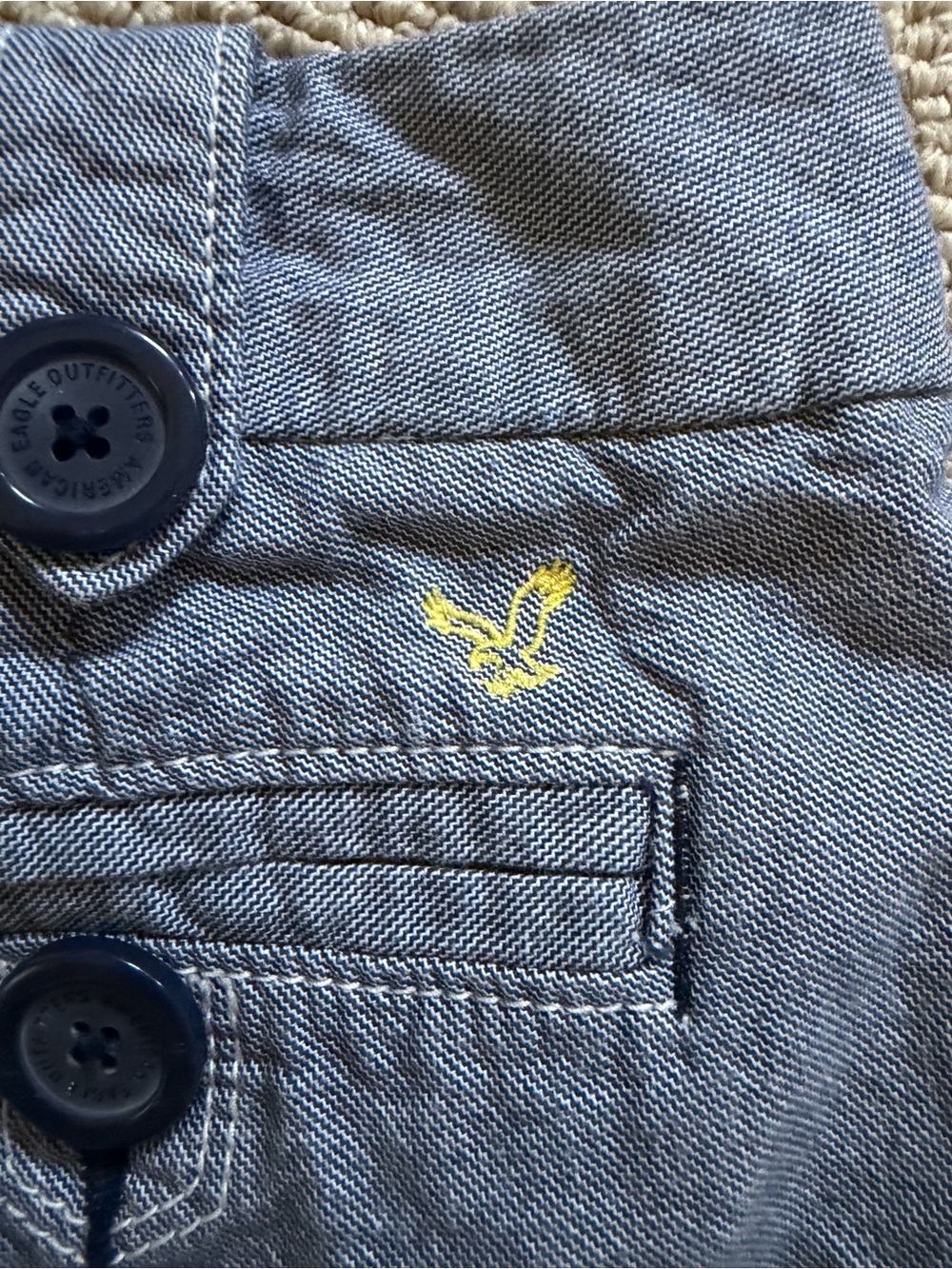 American Eagle Outfitters Light Gray Button-Front Shorts with Navy Buttons